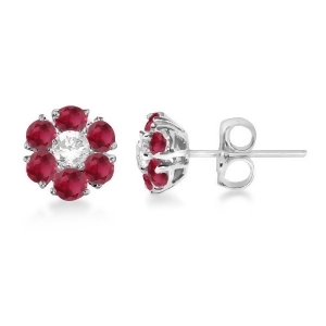 Diamond and Ruby Flower Cluster Earrings in 14K White Gold 1.67ctw - All