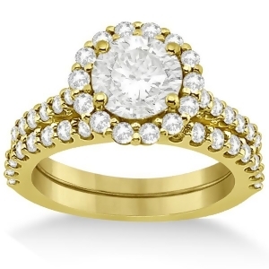 Halo Diamond Engagement Ring and Band Bridal Set 18K Yellow Gold 1.12ct - All