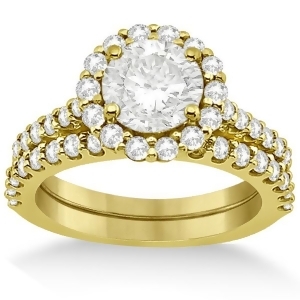 Halo Diamond Engagement Ring and Band Bridal Set 14K Yellow Gold 1.12ct - All