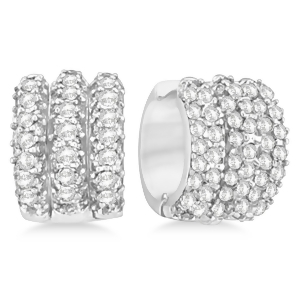 Diamond Cluster Huggie Earrings in 14k White Gold 3.00 ctw - All