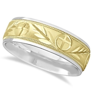 Men's Christian Leaf and Cross Wedding Band 18k Two Tone Gold 7mm - All