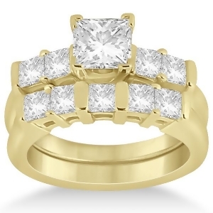 Five Stone Princess Cut Diamond Bridal Set 14K Yellow Gold 0.90ct - All