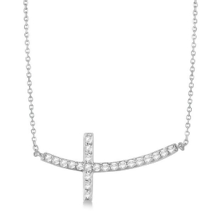 Diamond Sideways Curved Cross Pendant Necklace 14k White Gold 0.50 ct - All