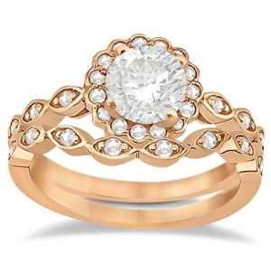 Floral Diamond Halo Bridal Set Ring and Band 18k Rose Gold 0.36ct - All