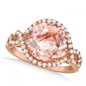 Round Morganite and Halo Diamond Ring Twisted 14k Pink Gold 3.79ct - All