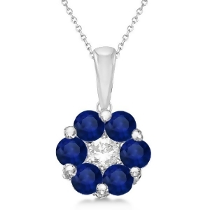 Flower Diamond and Blue Sapphire Pendant Necklace 14k White Gold 1.40ct - All