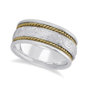 Men's Fancy Satin Finish Carved Wedding Ring 14k Two-Tone Gold 8.5mm - All