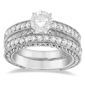 Vintage Filigree Diamond Engagement Bridal Set 18k White Gold 0.35ct - All