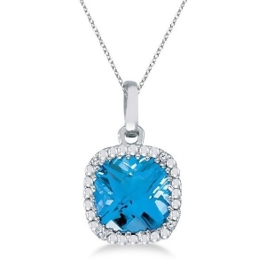 Cushion-cut Blue Topaz and Diamond Pendant Necklace 14K White Gold 7mm - All