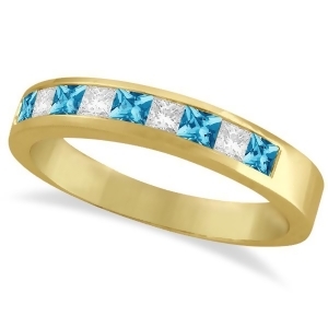 Princess Channel-Set Diamond and Blue Topaz Ring Band 14K Yellow Gold - All