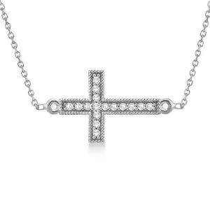 Vintage Diamond Sideways Cross Pendant Necklace 14k White Gold 0.20ct - All