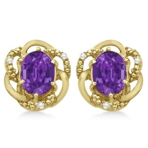 Oval Purple Amethyst and Diamond Earrings in 14K Yellow Gold 3.05ct - All