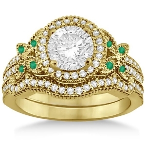 Butterfly Diamond and Emerald Engagement Ring and Band 14k Yellow Gold 0.50ct - All