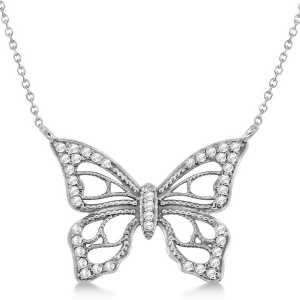 Diamond Monarch Butterfly Pendant Necklace 14k White Gold 0.20ctw - All