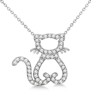 Diamond Cat Shaped Pendant Necklace 14k White Gold 0.27ctw - All
