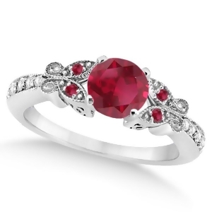 Butterfly Genuine Ruby and Diamond Engagement Ring 14K White Gold 0.86ct - All