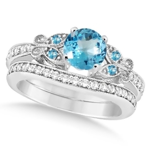 Butterfly Blue Topaz and Diamond Bridal Set 14k White Gold 1.10ct - All