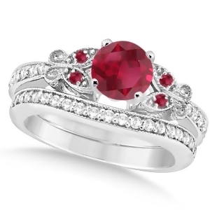 Butterfly Genuine Ruby and Diamond Bridal Set 14k White Gold 1.48ctw - All