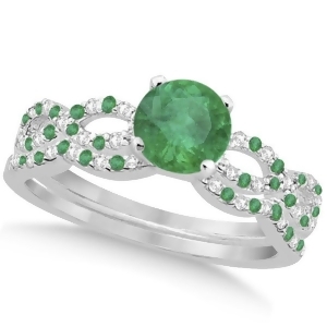 Infinity Style Emerald and Diamond Bridal Set 14k White Gold 0.85ct - All