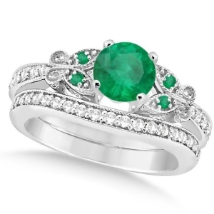 Butterfly Genuine Emerald and Diamond Bridal Set 14k White Gold 0.93ct - All