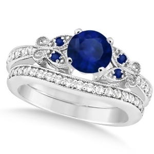 Butterfly Blue Sapphire and Diamond Bridal Set 14k White Gold 1.50ct - All