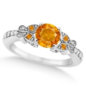 Butterfly Genuine Citrine and Diamond Engagement Ring 14K W. Gold 0.88ct - All