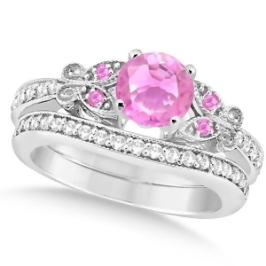 Butterfly Pink Sapphire and Diamond Bridal Set 14k White Gold 1.10ct - All