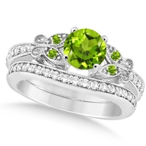 Butterfly Genuine Peridot and Diamond Bridal Set 14k White Gold 1.33ctw - All