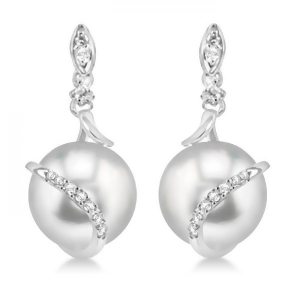 Freshwater Pearl and Diamond Twist Earrings 14k White Gold 9-9.5mm .14ct - All