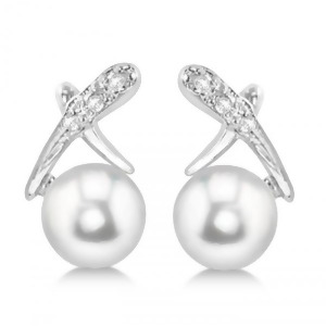 Freshwater Pearl and Diamond X Earrings 14k White Gold 5.5-6mm 0.05ct - All