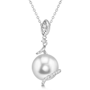 Freshwater Pearl and Diamond Pendant Necklace 14k White Gold 10-11mm - All