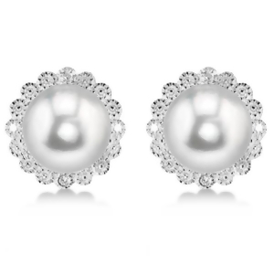 Freshwater Pearl and Diamond Halo Earrings Sterling Silver 8-8.5mm - All