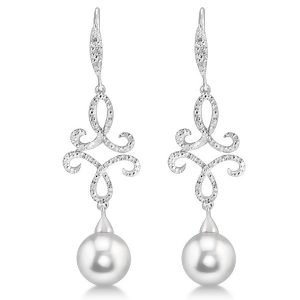 Diamond and Freshwater Pearl Dangle Earrings Sterling Silver 8mm 0.138ct - All