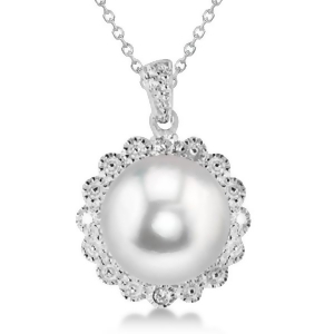 Freshwater Pearl and Diamond Floral Pendant Necklace Sterling Silver - All