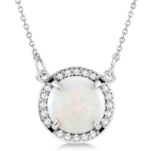 Cabochon White Opal and Diamond Necklace in 14k White Gold 1.58ctw - All