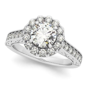 Diamond Halo Flower Engagement Ring in 14k White Gold 1.00ct - All