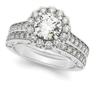 Diamond Halo Bridal Set w/ Flower Ring and Band 14k White Gold 2.96ct - All