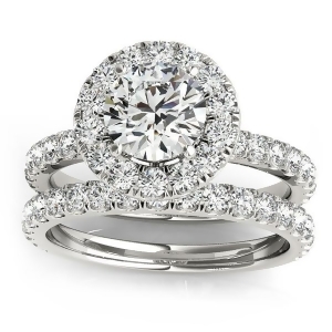 French Pave Halo Diamond Bridal Ring Set 14k White Gold 1.20ct - All