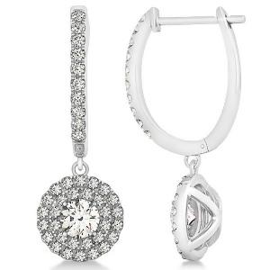 Diamond Double Halo Round Dangle Earrings in 14k White Gold 1.00ct - All