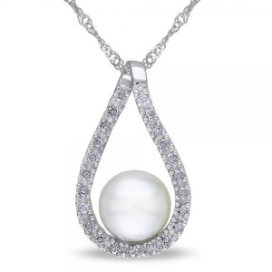 Tear Drop Diamond Pendant w/ Freshwater Pearl 14k White Gold 6.5-7mm - All