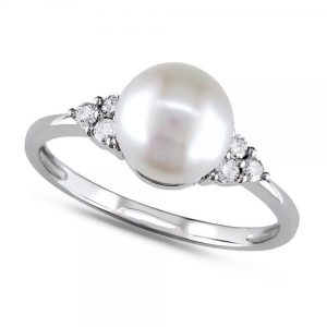 Freshwater Pearl Ring w/ Diamond Accents 14k W. Gold 7.5-8mm 0.12ct - All