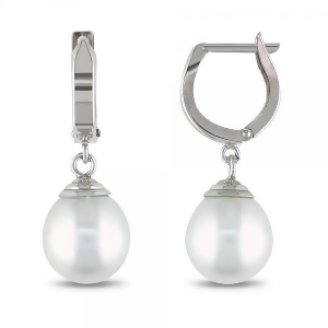 Round White South Sea Pearl Huggie Drop Earrings 14k White Gold 9-10mm - All