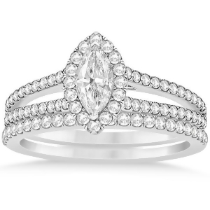 Marquise Diamond Split Shank Bridal Set Prong 14k White Gold 1.23ct - All