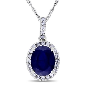 Blue Sapphire and Halo Diamond Pendant Necklace in 14k White Gold 2.90ct - All