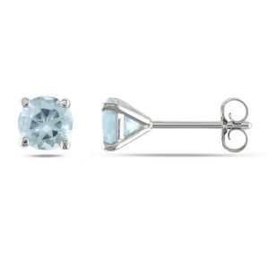 Round Cut Solitaire Aquamarine Stud Earrings in 14k White Gold 0.80ct - All