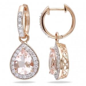 Diamond and Pear Shaped Morganite Drop Earrings 14k Rose Gold 3.30ct - All