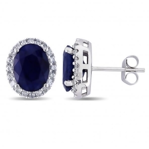 Oval Blue Sapphire and Halo Diamond Stud Earrings 14k W. Gold 5.70ct - All