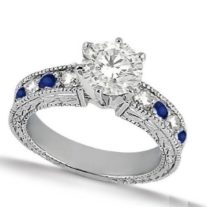 Blue Sapphire and Diamond Vintage Engagement Ring 14k White Gold 1.50ct - All