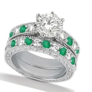 Diamond and Genuine Emerald Vintage Bridal Set 14k White Gold 2.50ct - All