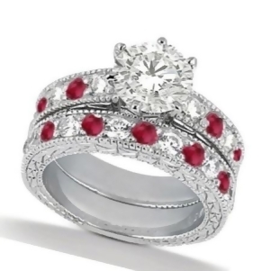Diamond and Genuine Ruby Vintage Bridal Set 14k White Gold 2.80ct - All